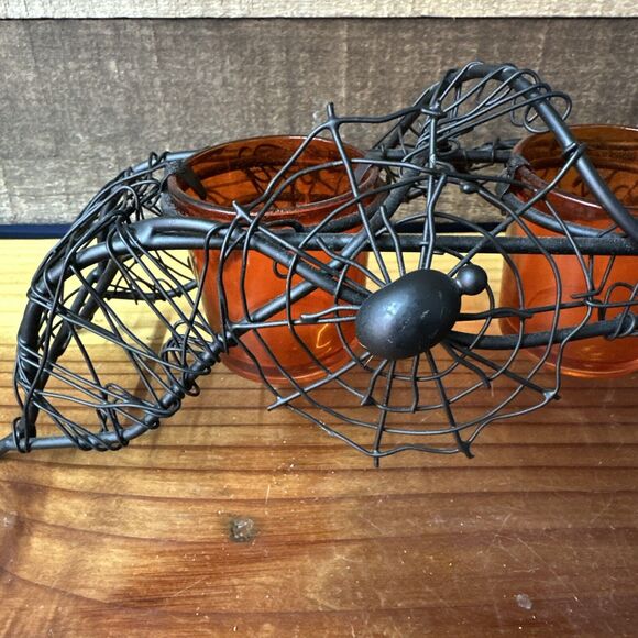 Metal Spider Web 3 Orange Votive Candle Holder Halloween - Picture 6 of 7